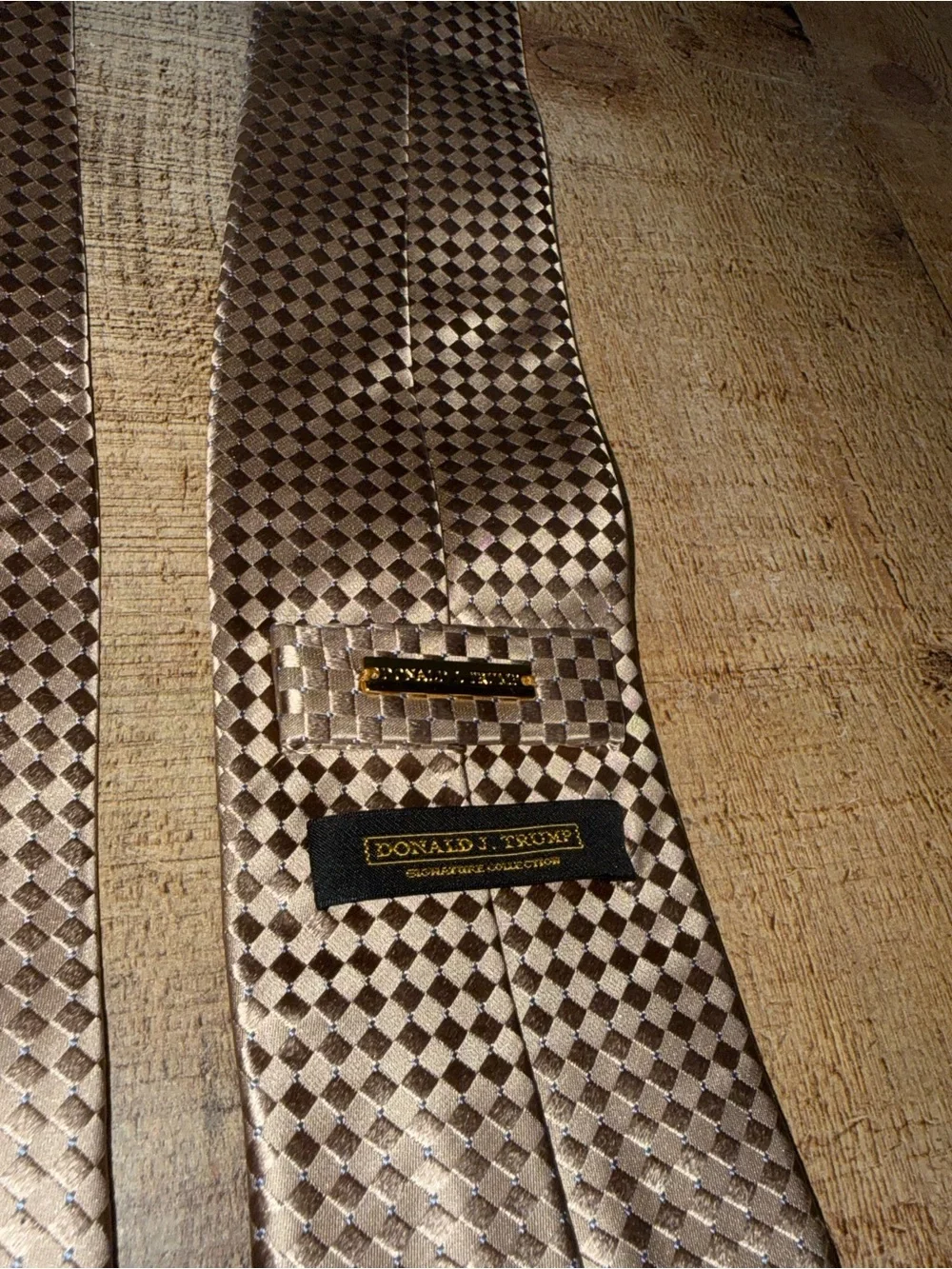 Donald J Trump Signature Collection Silk Tie Gold Bronze Checkerboard Geometric